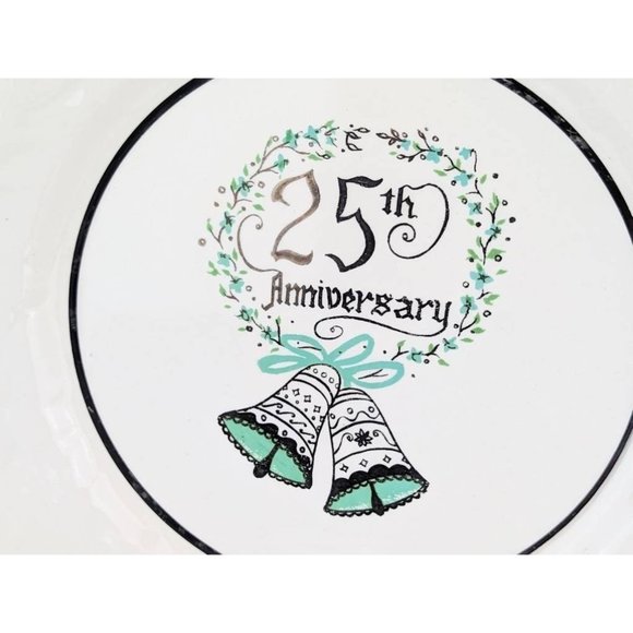 Collectible 25th Wedding Anniversary Plate 10" White Teal Silver Trim Floral - Picture 2 of 7